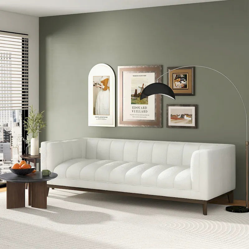 Mid-Century Modern Channel Tufted Sofa Velvet Boucle Wood Legs Green Ivory Orange
