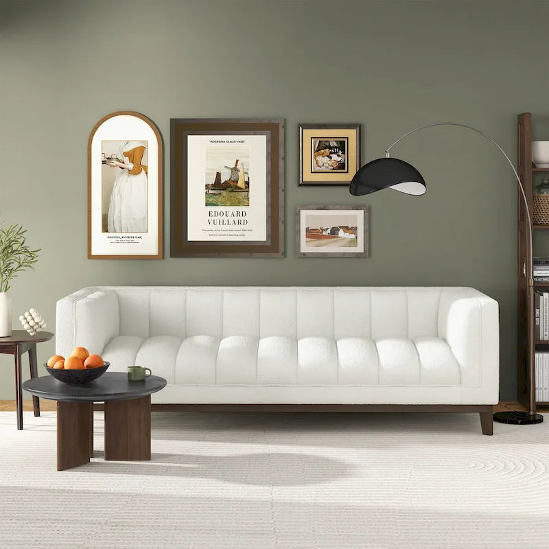 Mid-Century Modern Channel Tufted Sofa Velvet Boucle Wood Legs Green Ivory Orange