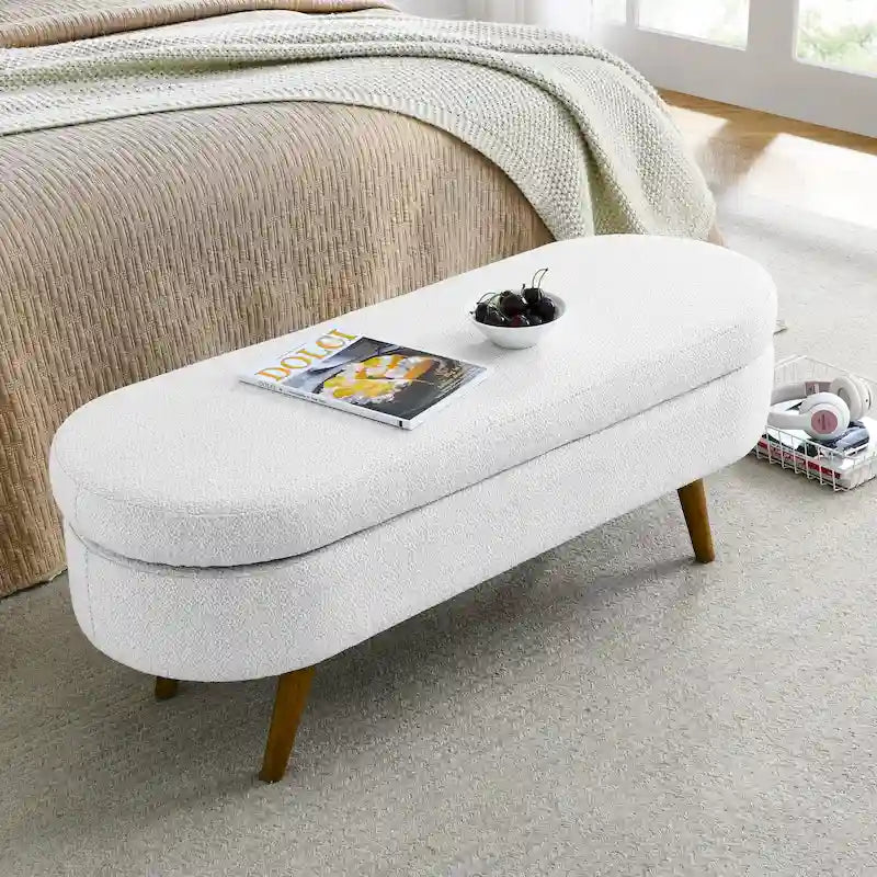 Oval Upholstered Storage Ottoman Bench with Lid Rubber Wood Legs Beige White Grey