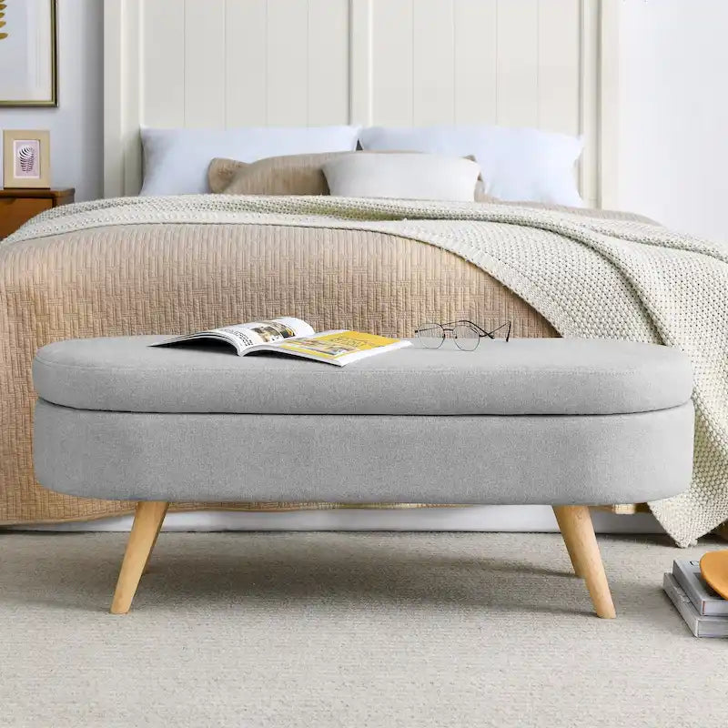 Oval Upholstered Storage Ottoman Bench with Lid Rubber Wood Legs Beige White Grey