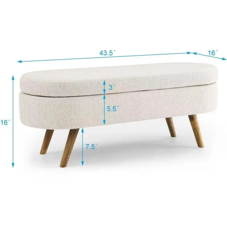 Oval Upholstered Storage Ottoman Bench with Lid Rubber Wood Legs Beige White Grey