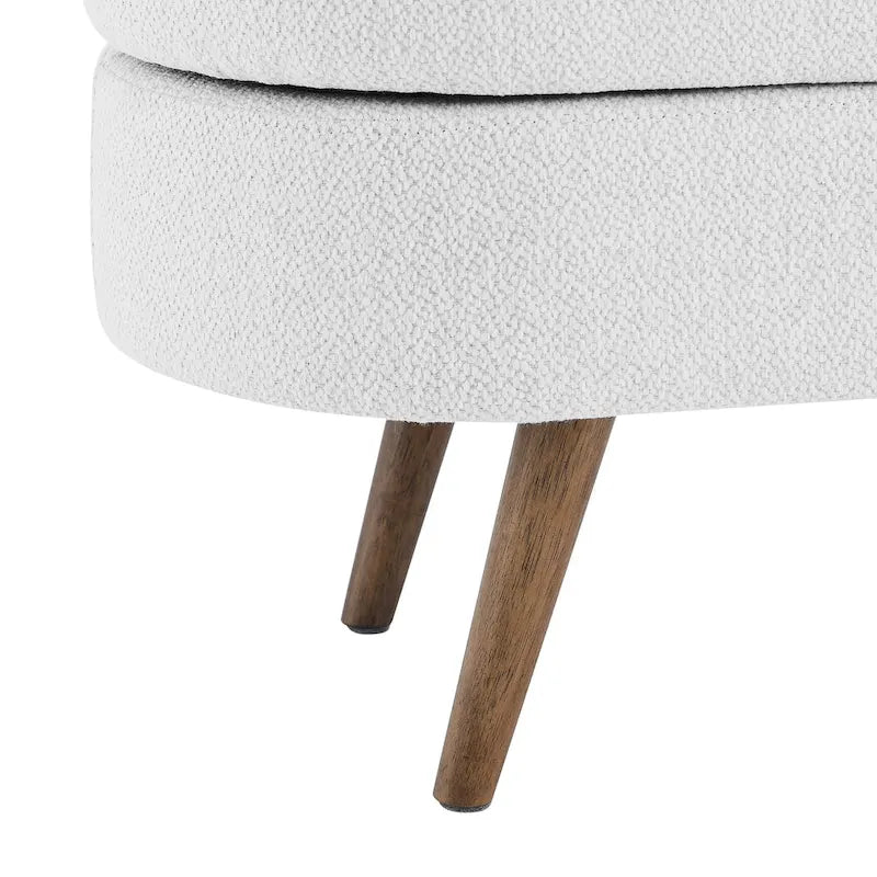Oval Upholstered Storage Ottoman Bench with Lid Rubber Wood Legs Beige White Grey