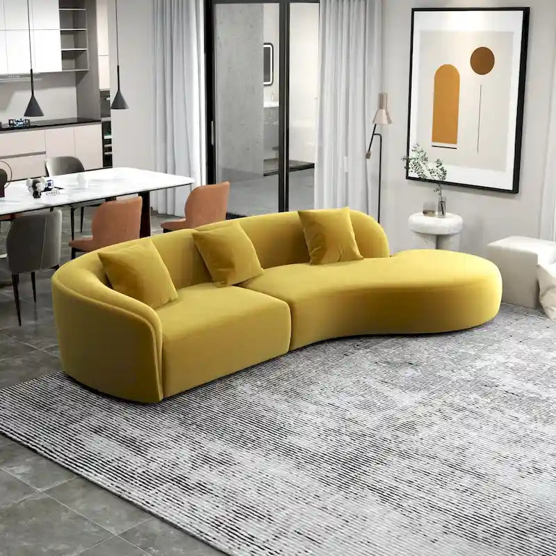 Modernes geschwungenes Samtsofa in Sichelform, hochdichter Schaumstoff, abnehmbare Beine, Gold, Dunkelgrün