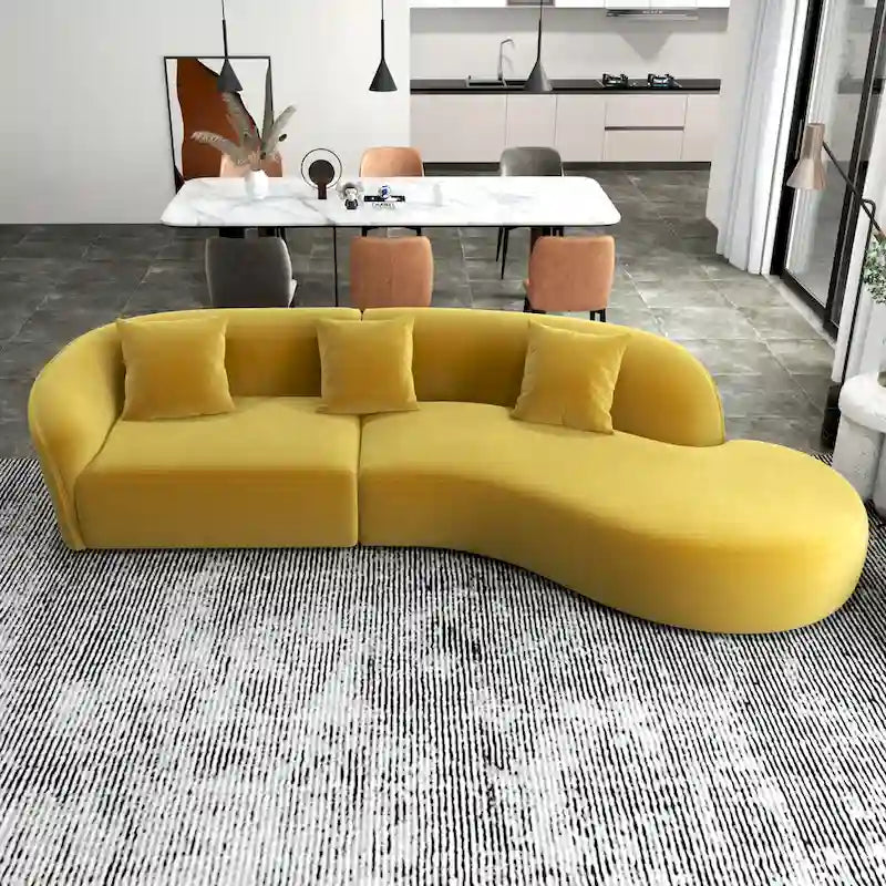 Modernes geschwungenes Samtsofa in Sichelform, hochdichter Schaumstoff, abnehmbare Beine, Gold, Dunkelgrün