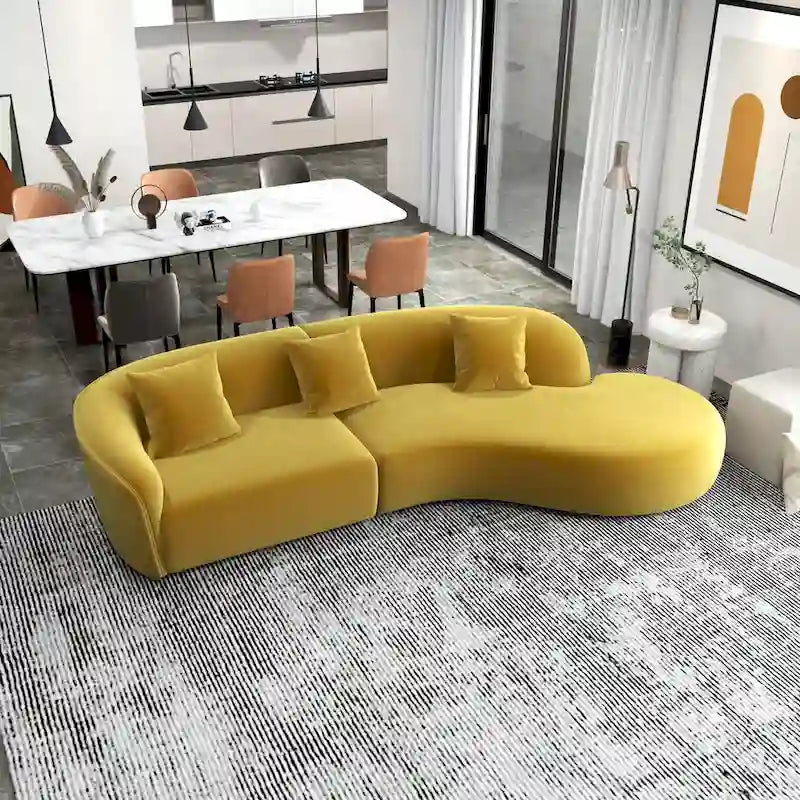 Modernes geschwungenes Samtsofa in Sichelform, hochdichter Schaumstoff, abnehmbare Beine, Gold, Dunkelgrün