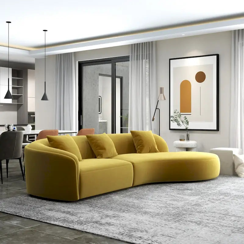 Modernes geschwungenes Samtsofa in Sichelform, hochdichter Schaumstoff, abnehmbare Beine, Gold, Dunkelgrün