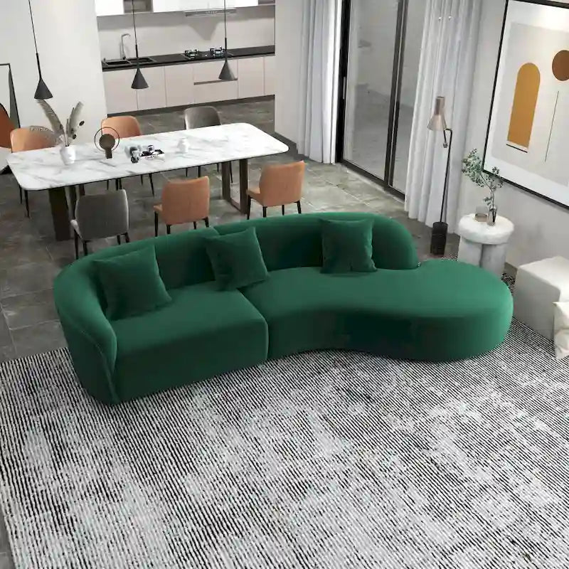 Modernes geschwungenes Samtsofa in Sichelform, hochdichter Schaumstoff, abnehmbare Beine, Gold, Dunkelgrün
