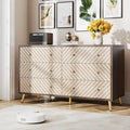Kommode mit 6 Schubladen, geometrisches Chevron-Muster auf der Front, goldfarbene Metallbeine, modern, Braun, Weiß