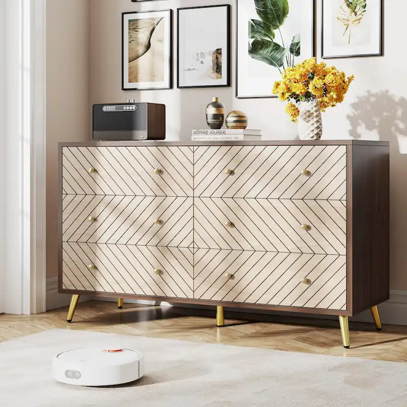 6-Drawer Dresser Geometric Chevron Pattern Front Gold Metal Legs Modern Brown White