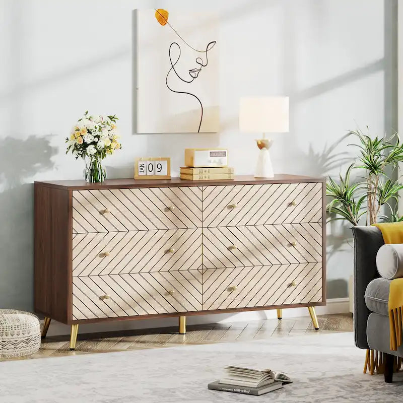 Kommode mit 6 Schubladen, geometrisches Chevron-Muster auf der Front, goldfarbene Metallbeine, modern, Braun, Weiß