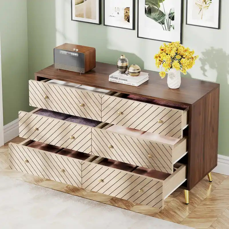 6-Drawer Dresser Geometric Chevron Pattern Front Gold Metal Legs Modern Brown White
