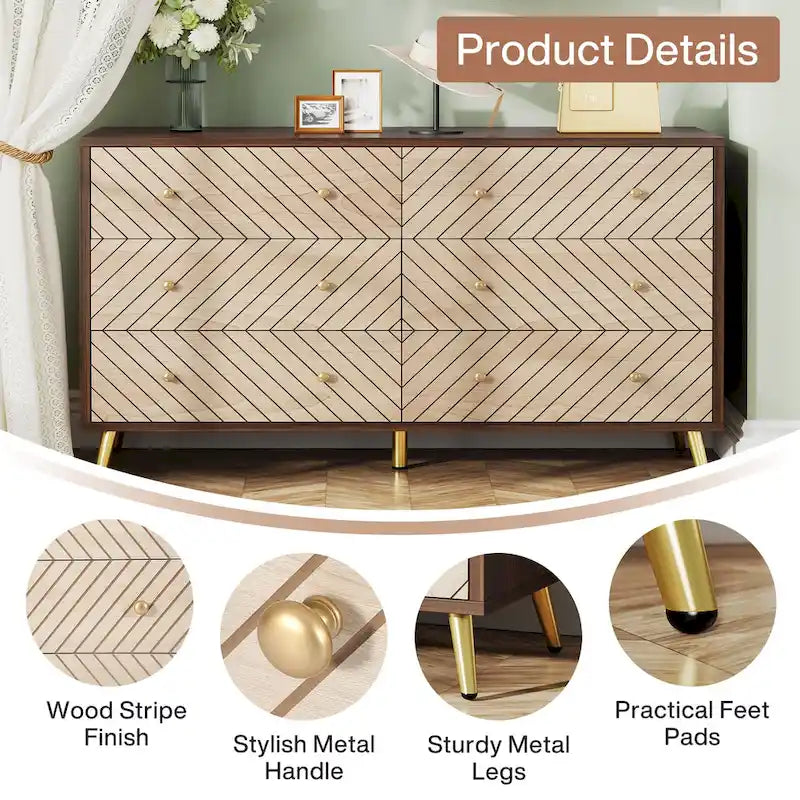 6-Drawer Dresser Geometric Chevron Pattern Front Gold Metal Legs Modern Brown White