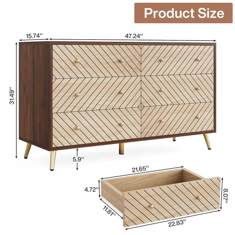 Kommode mit 6 Schubladen, geometrisches Chevron-Muster auf der Front, goldfarbene Metallbeine, modern, Braun, Weiß