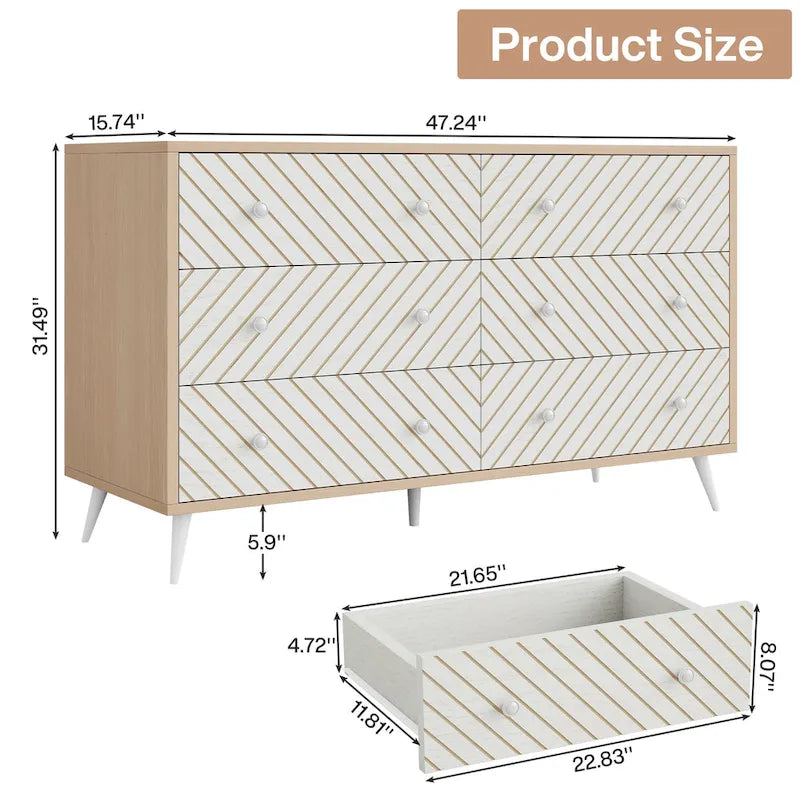Kommode mit 6 Schubladen, geometrisches Chevron-Muster auf der Front, goldfarbene Metallbeine, modern, Braun, Weiß