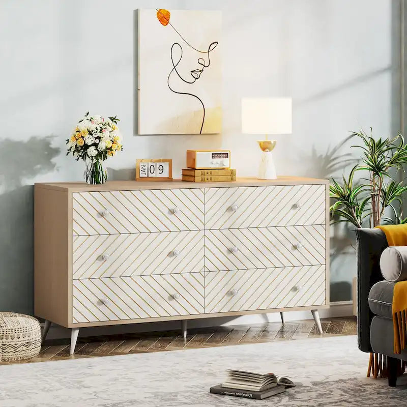 Kommode mit 6 Schubladen, geometrisches Chevron-Muster auf der Front, goldfarbene Metallbeine, modern, Braun, Weiß