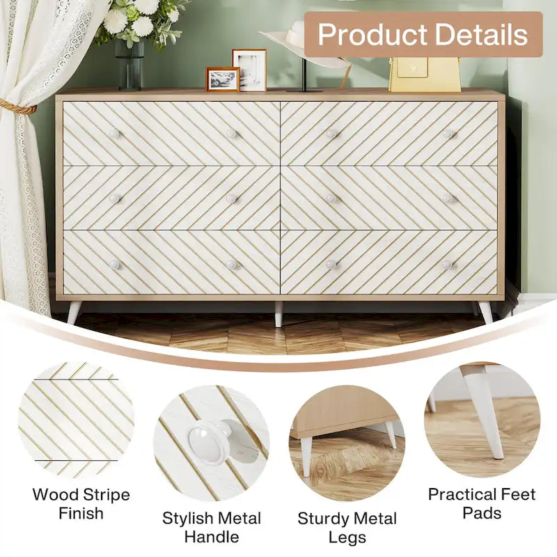 Kommode mit 6 Schubladen, geometrisches Chevron-Muster auf der Front, goldfarbene Metallbeine, modern, Braun, Weiß