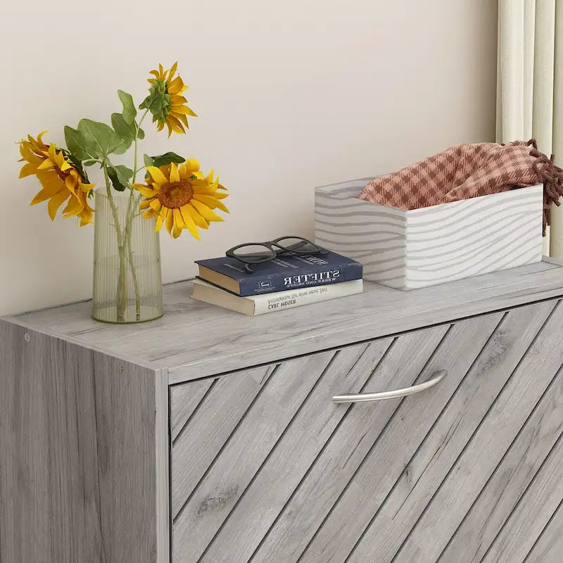 3-Tier Flip Door Shoe Cabinet Chevron Panel 12-15 Pairs Particle Board Grey Oak