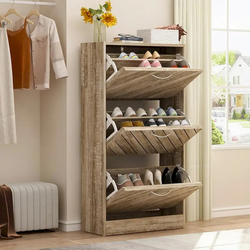 3-Tier Flip Door Shoe Cabinet Chevron Panel 12-15 Pairs Particle Board Grey Oak