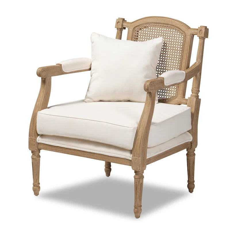 French Provincial Armchair Carved Mahogany Rattan Back Cotton Blend Foam Padded Ivory