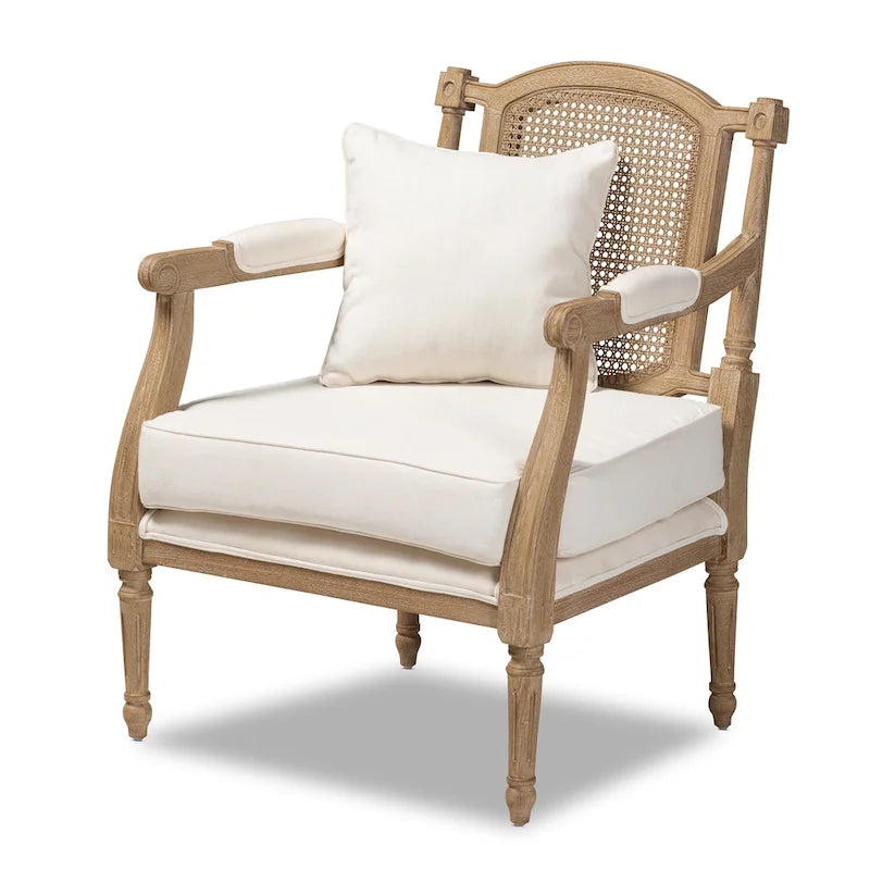 French Provincial Armchair Carved Mahogany Rattan Back Cotton Blend Foam Padded Ivory