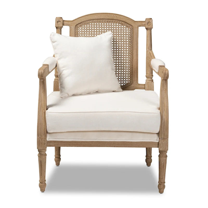 French Provincial Armchair Carved Mahogany Rattan Back Cotton Blend Foam Padded Ivory