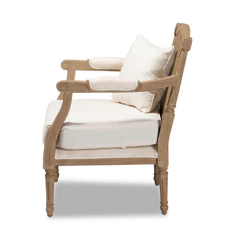 French Provincial Armchair Carved Mahogany Rattan Back Cotton Blend Foam Padded Ivory