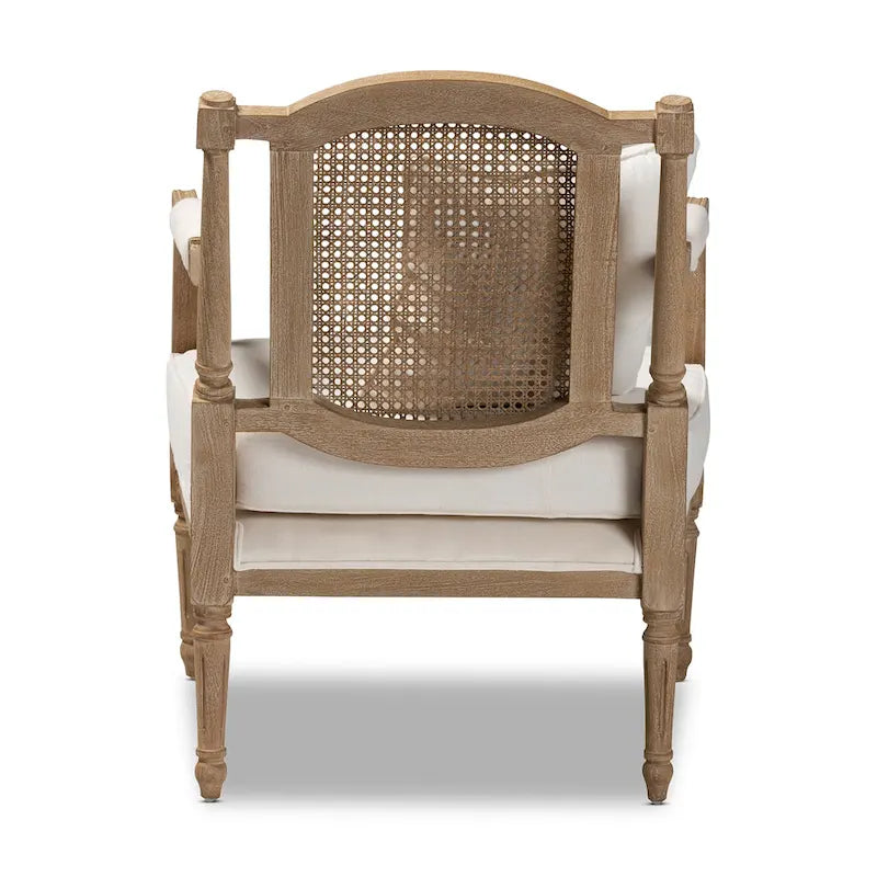 French Provincial Armchair Carved Mahogany Rattan Back Cotton Blend Foam Padded Ivory