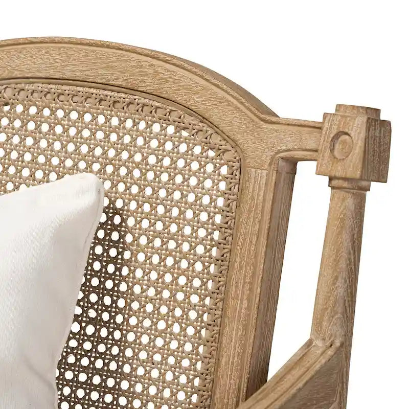 French Provincial Armchair Carved Mahogany Rattan Back Cotton Blend Foam Padded Ivory