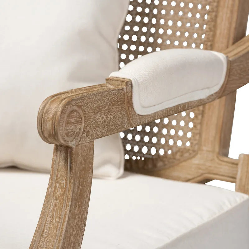 French Provincial Armchair Carved Mahogany Rattan Back Cotton Blend Foam Padded Ivory