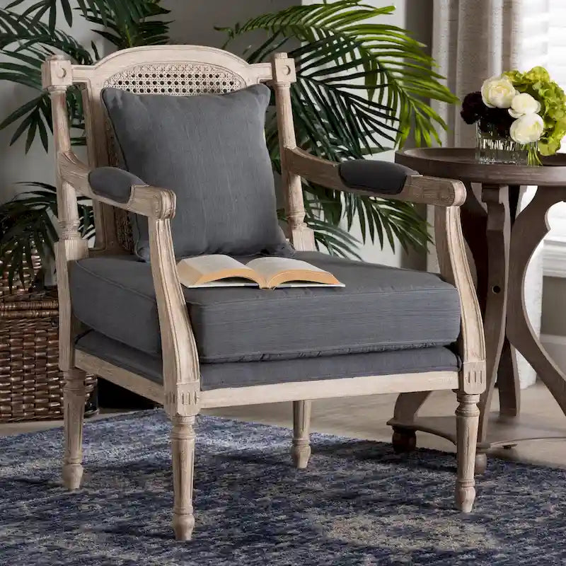French Provincial Armchair Carved Mahogany Rattan Back Cotton Blend Foam Padded Ivory