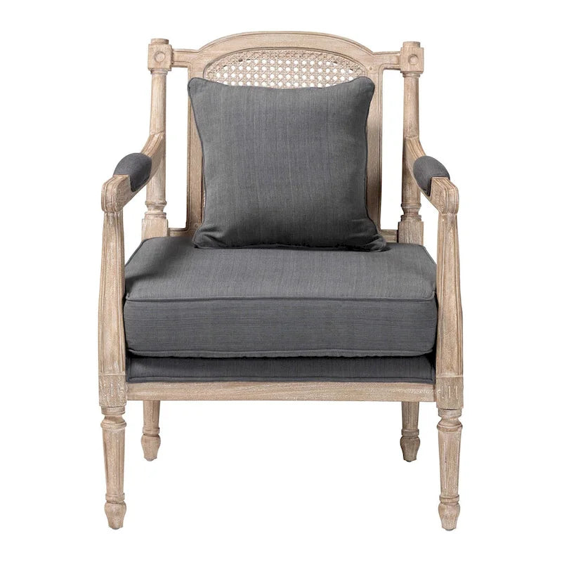 French Provincial Armchair Carved Mahogany Rattan Back Cotton Blend Foam Padded Ivory