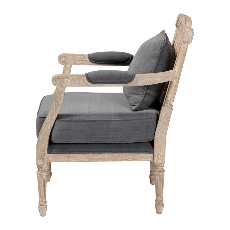 French Provincial Armchair Carved Mahogany Rattan Back Cotton Blend Foam Padded Ivory