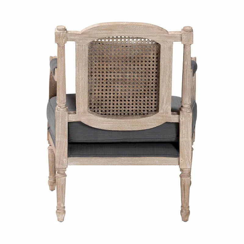 French Provincial Armchair Carved Mahogany Rattan Back Cotton Blend Foam Padded Ivory