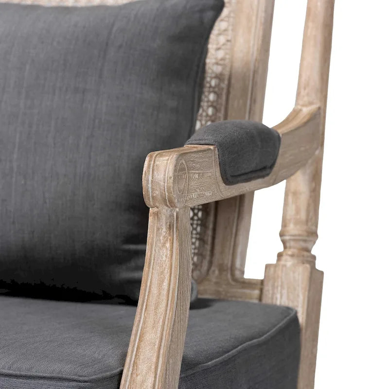 French Provincial Armchair Carved Mahogany Rattan Back Cotton Blend Foam Padded Ivory