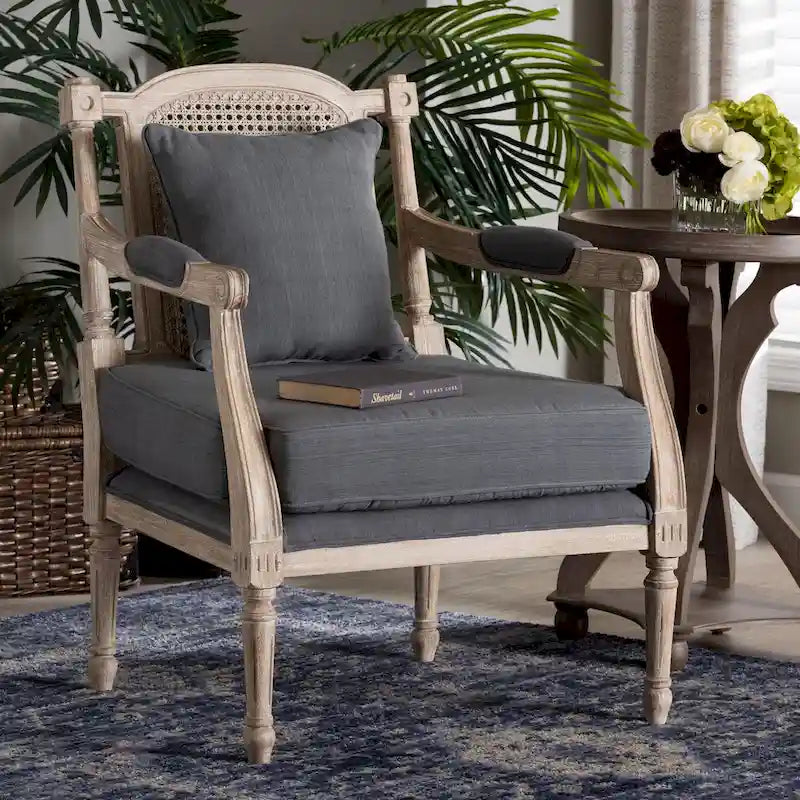 French Provincial Armchair Carved Mahogany Rattan Back Cotton Blend Foam Padded Ivory