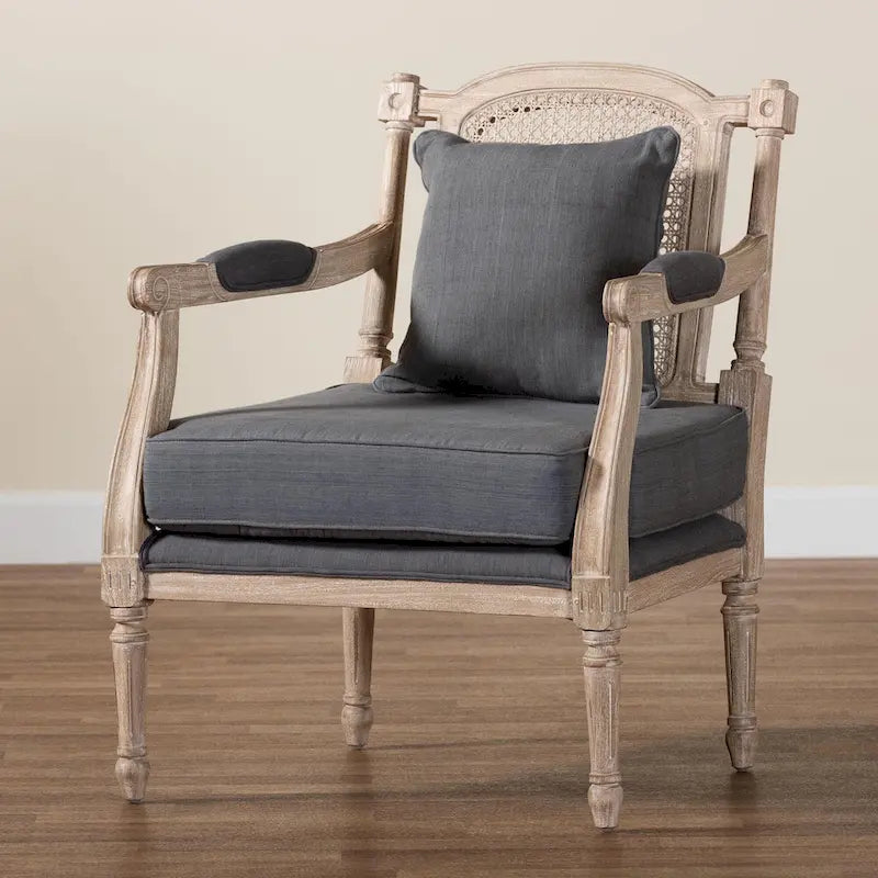 French Provincial Armchair Carved Mahogany Rattan Back Cotton Blend Foam Padded Ivory