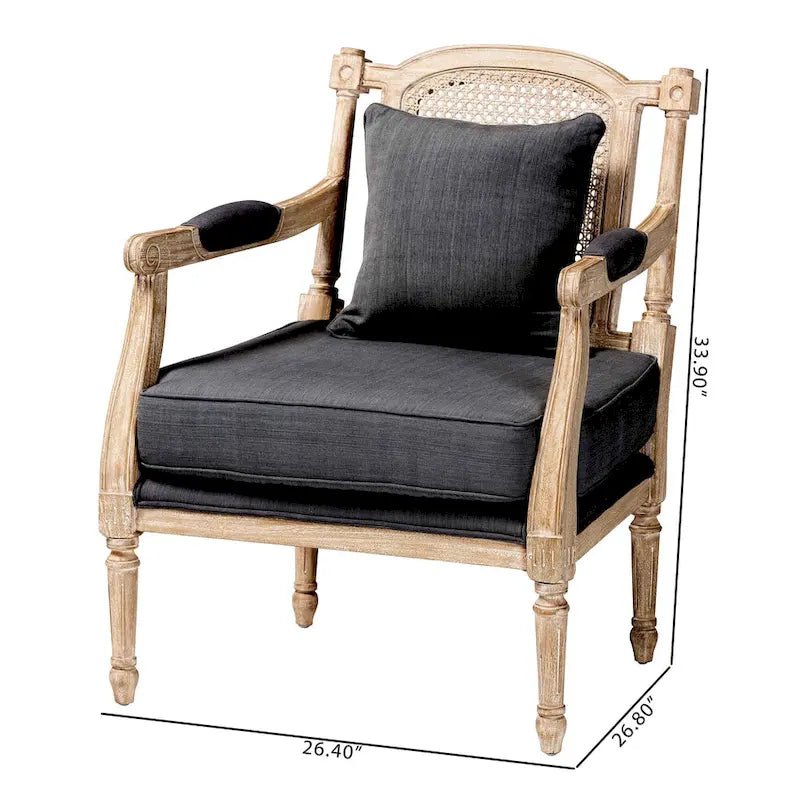 French Provincial Armchair Carved Mahogany Rattan Back Cotton Blend Foam Padded Ivory
