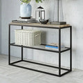 Industrial Console Table Blackened Bronze Steel Frame Rustic Oak Top Glass Shelf