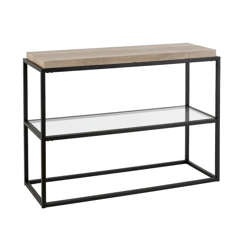 Industrial Console Table Blackened Bronze Steel Frame Rustic Oak Top Glass Shelf