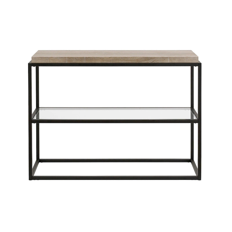 Industrial Console Table Blackened Bronze Steel Frame Rustic Oak Top Glass Shelf