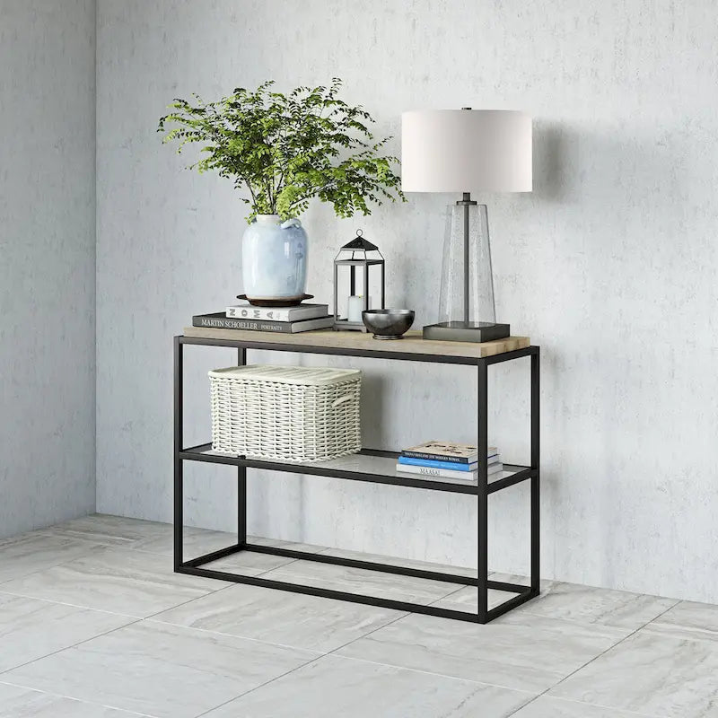 Industrial Console Table Blackened Bronze Steel Frame Rustic Oak Top Glass Shelf
