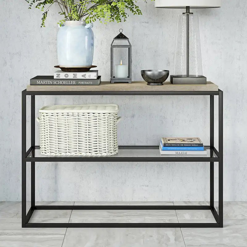 Industrial Console Table Blackened Bronze Steel Frame Rustic Oak Top Glass Shelf