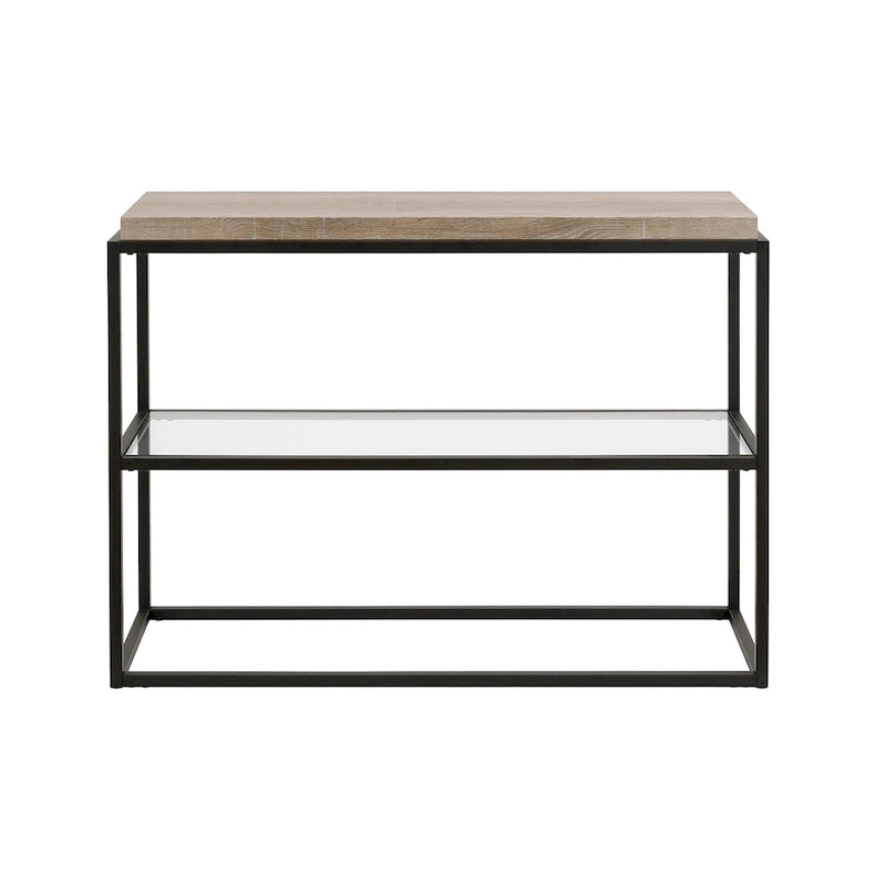 Industrial Console Table Blackened Bronze Steel Frame Rustic Oak Top Glass Shelf