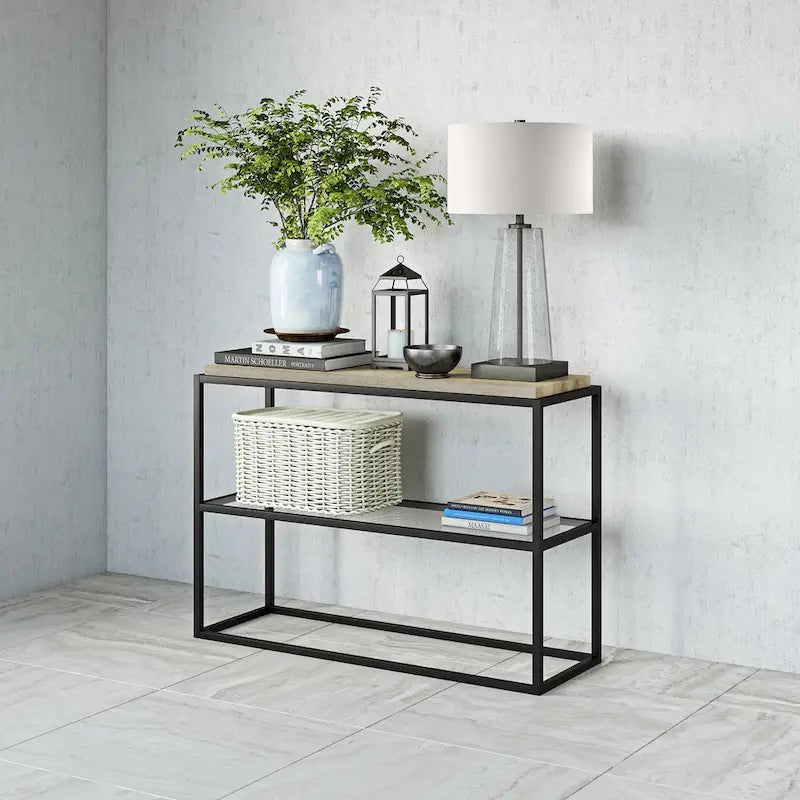 Industrial Console Table Blackened Bronze Steel Frame Rustic Oak Top Glass Shelf