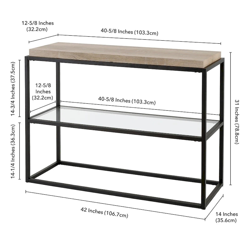 Industrial Console Table Blackened Bronze Steel Frame Rustic Oak Top Glass Shelf