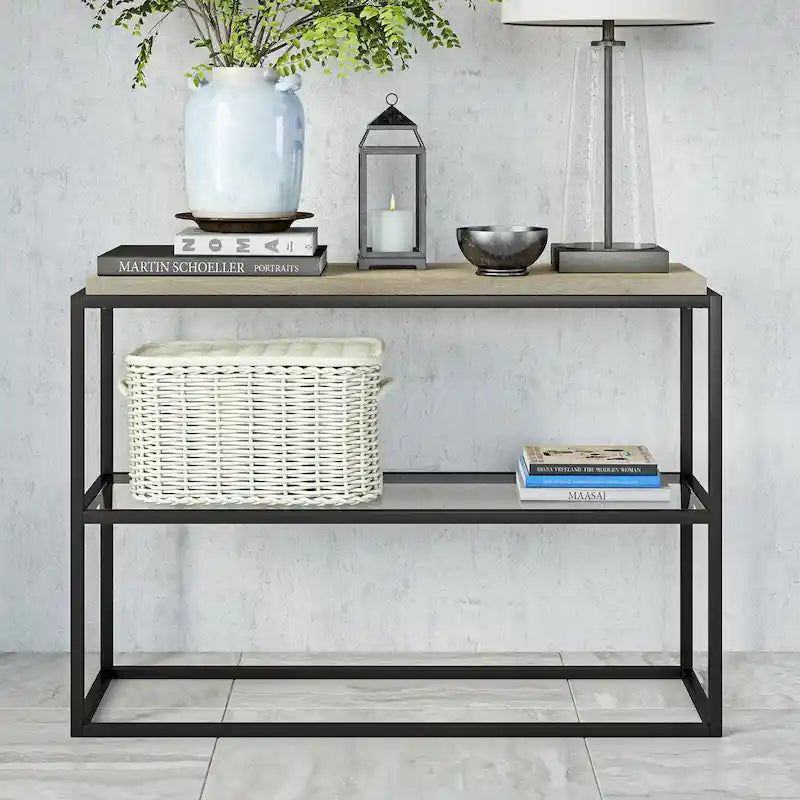 Industrial Console Table Blackened Bronze Steel Frame Rustic Oak Top Glass Shelf