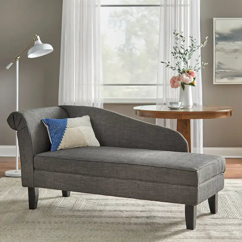 Chaiselongue mit Stauraum, Baumwollbezug, gerollte Armlehne, Hartholzgestell, Beige, Blau, Grau, Orange, Bordeauxrot