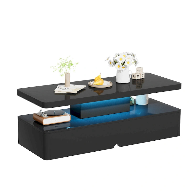 LED Coffee Table 16-Color Remote Control Double-Layer Gloss Finish Living Room Black White