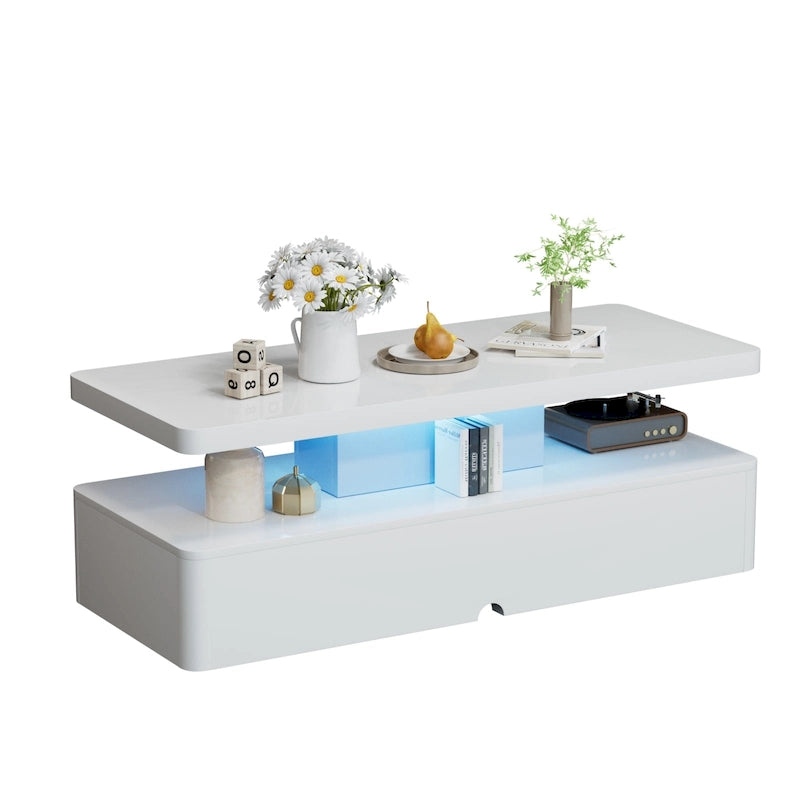 LED Coffee Table 16-Color Remote Control Double-Layer Gloss Finish Living Room Black White