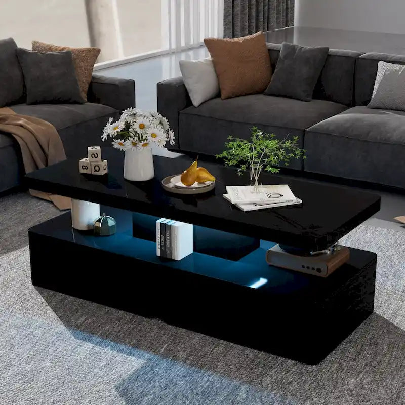 LED Coffee Table 16-Color Remote Control Double-Layer Gloss Finish Living Room Black White